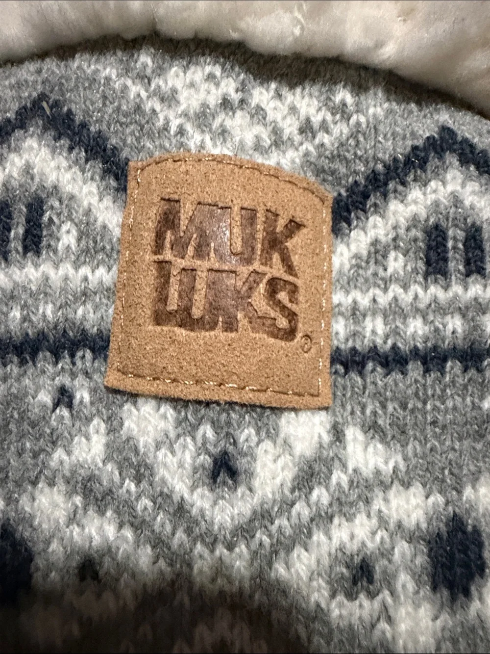 Muk Luks Gray and White Fair Isle Sherpa-Lined Gripper Slipper Socks